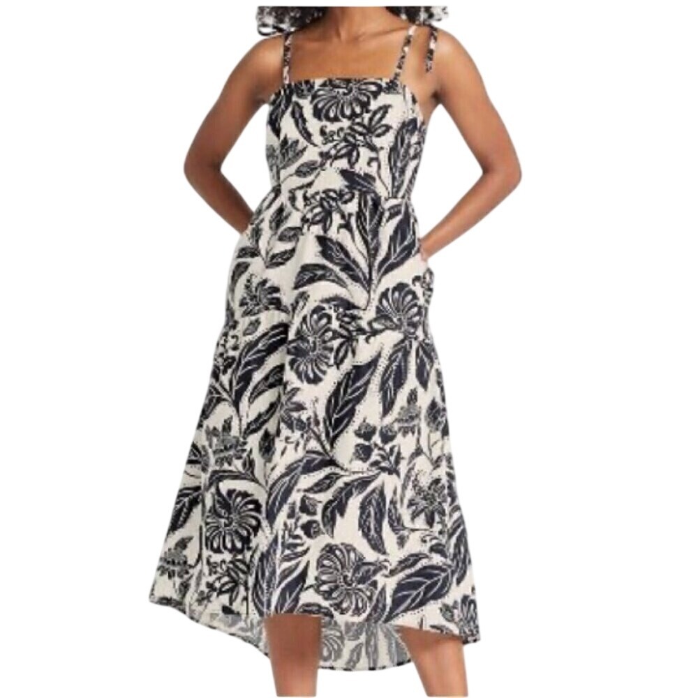 WHO WHAT WEAR Women's 100% Cotton Floral Sundress Size Small Black and White